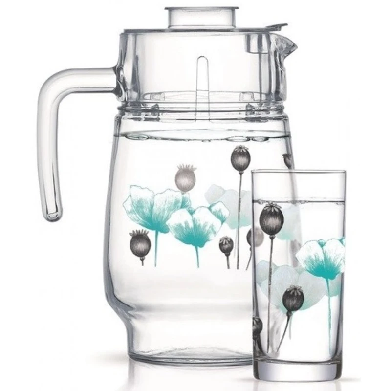 Набор из стаканов и кувшина Luminarc Angelique Turquoise прозрачный с принтом, кувшин 1.6 л/6 стаканов 270 мл Набор из стаканов и кувшина Luminarc Angelique Turquoise прозрачный с принтом, кувшин 1.6 л/6 стаканов 270 мл