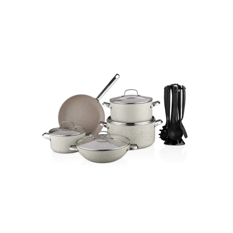 Набор кастрюль и сотейников Korkmaz A2682 XL, гранит/стекло, бежевый, 15 шт
