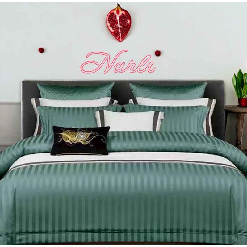 Комплект постельного белья Narlı 000418, пододеяльник 200x230 см, простыня 230x250 см, наволочка 50х70 см, евро, сатин, зеленый Комплект постельного белья Narlı 000418, пододеяльник 200x230 см, простыня 230x250 см, наволочка 50х70 см, евро, сатин, зеленый