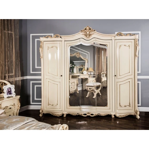 Набор мебели для спальни Era Mebel Djakonda, кремовый (шкаф 255x65x240 см, кровать 213x212x170 см, прикроватная тумба 58x48x69 см, комод 170x48x85 см, зеркало 129х119 см) Набор мебели для спальни Era Mebel Djakonda, кремовый (шкаф 255x65x240 см, кровать 213x212x170 см, прикроватная тумба 58x48x69 см, комод 170x48x85 см, зеркало 129х119 см)