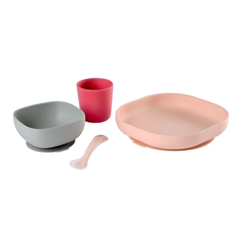 Набор детской посуды Beaba, силикон, розовый/серый, 4 предмета (3384349134297)