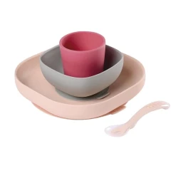 Набор детской посуды Beaba, силикон, розовый/серый, 4 предмета (3384349134297)