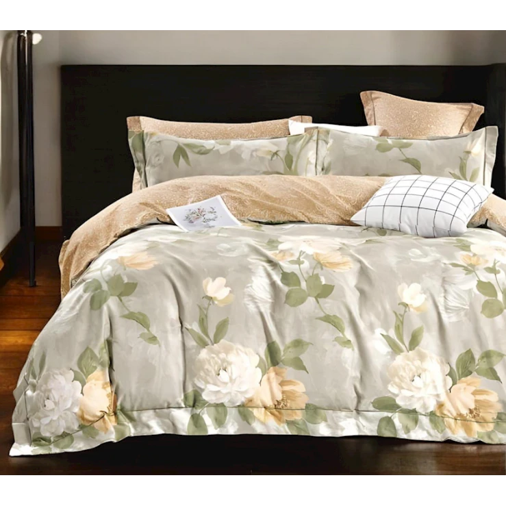 Комплект постельного белья Luxe Cotton 000767, пододеяльник 160x220 см, простыня 180x240 см, наволочка 50х70 см, односпальный, сатин, бежевый/зеленый