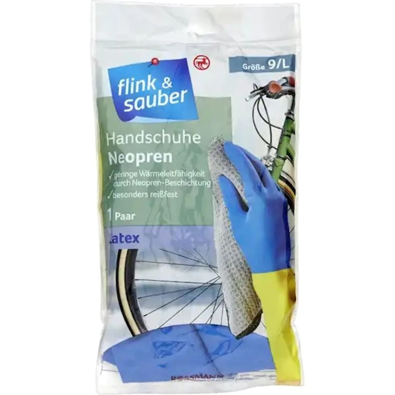 Məişət əlcəyi Flink & Sauber ölçü L, 1 cüt, lateks, göy/sarı Məişət əlcəyi Flink & Sauber ölçü L, 1 cüt, lateks, göy/sarı