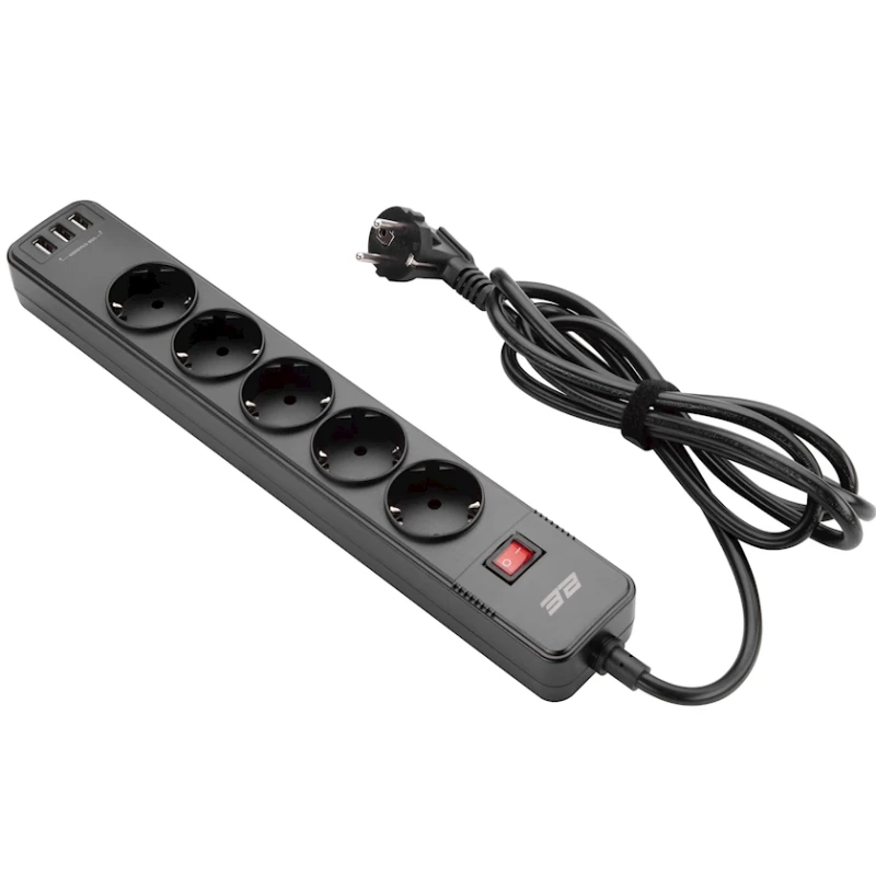 Удлинитель 2E SP515M2USBBK 2 м, 5-розеточный, 3xUSB-A, Black Удлинитель 2E SP515M2USBBK 2 м, 5-розеточный, 3xUSB-A, Black