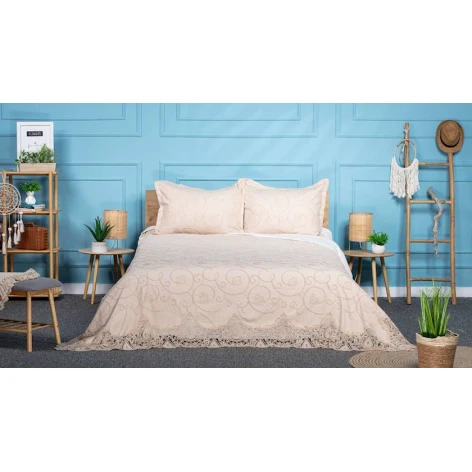 Комплект постельного белья Pima Cotton 0000930, покрывало 260х260 см, наволочки 50х70 см, двуспальный, велюр бежевый Комплект постельного белья Pima Cotton 0000930, покрывало 260х260 см, наволочки 50х70 см, двуспальный, велюр бежевый