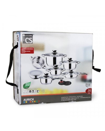 Qazan dəsti CS Kochsysteme Aurich, 1.6/1.6/3.1/6.3/2.9 L, qapaqla, gümüşü, 16 əşya