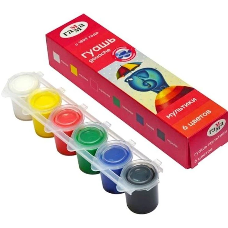 Краски гуашевые Гамма Мультики 100222-6 , 6 цветов по 15 мл Краски гуашевые Гамма Мультики 100222-6 , 6 цветов по 15 мл
