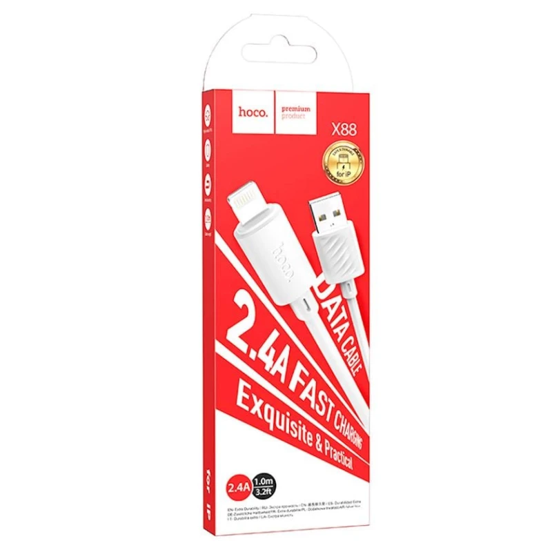Кабель USB Hoco X88 Gratified USB - Lightning, 2.4А, 1 м, Белый