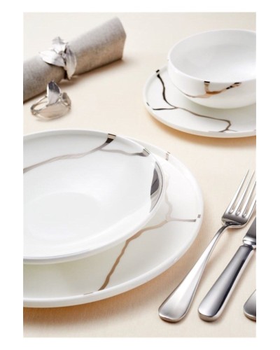 Nahar dəsti Leggno Chester Premium Platin, 24 parça, 6 nəfərlik, sümük farfor, ağ/gümüşü