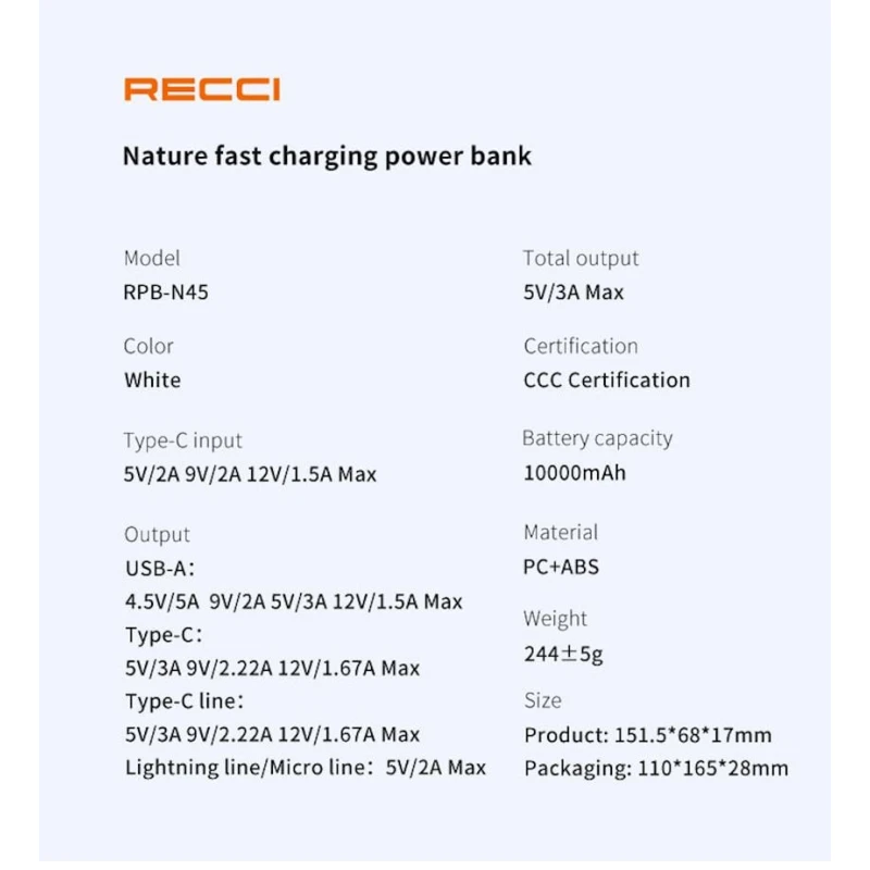 Внешний аккумулятор Recci Nature 5 Out RPB-N45 22.5W 10000 mAh White