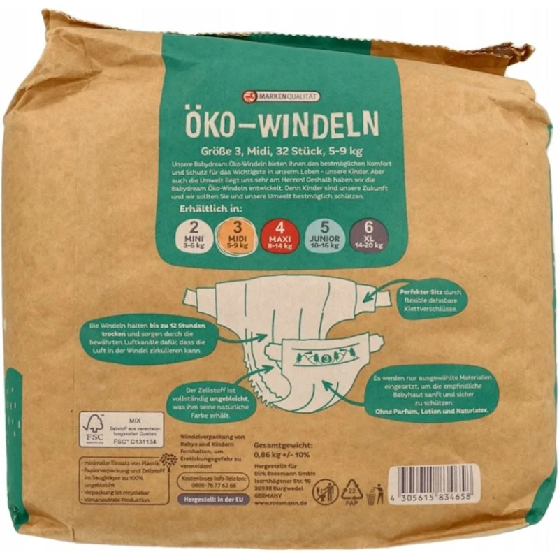 Uşaq bezləri Babydream Eco, 3(Midi / M), 5-9 kq, 32 əd Uşaq bezləri Babydream Eco, 3(Midi / M), 5-9 kq, 32 əd