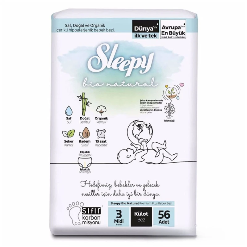 Трусики-подгузники Sleepy Bio Natural 3 Midi, 4-9 кг, 56 шт