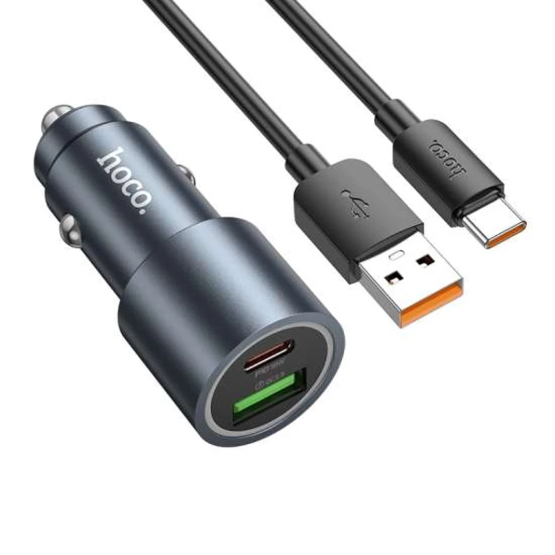 Avtomobil enerji toplama cihazı HOCO 48W USB-C PD 30W + USB QC3.0 Type-C Kabel, Metalik Boz