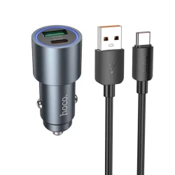 Зарядное устройство автомобильное HOCO 48W USB-C PD 30W + USB QC3.0 Type-C Кабель, Металлический Серый