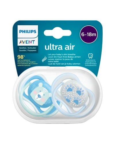 Əmziklər dəsti Philips AVENT Ultra Air SCF085/03, ortodontik, 6-18 ay, silikon, 2 əd, futlyar ilə, mavi