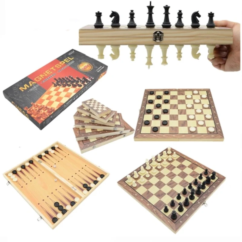 Шахматы + шашки + нарды (3 в 1) WS0532, дерево/магнит, 33x33 см