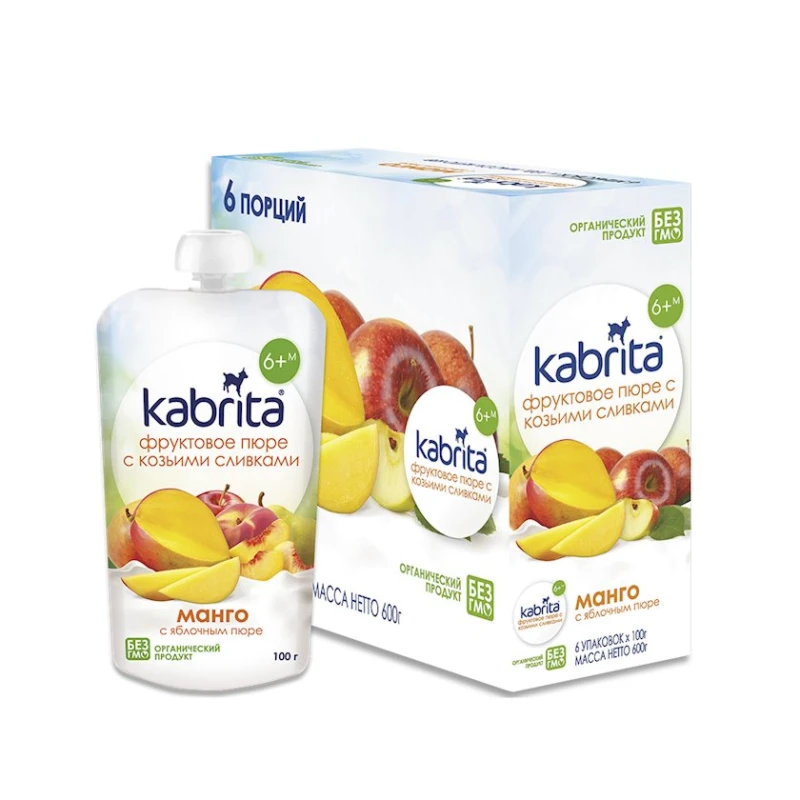 Фруктовое пюре с козьими сливками Kabrita, манго с яблочным пюре, с 6 месяцев, 100 г Фруктовое пюре с козьими сливками Kabrita, манго с яблочным пюре, с 6 месяцев, 100 г
