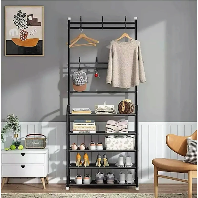 Напольная вешалка NH_DADF, 60x26x170 см, с полками, металл, черная