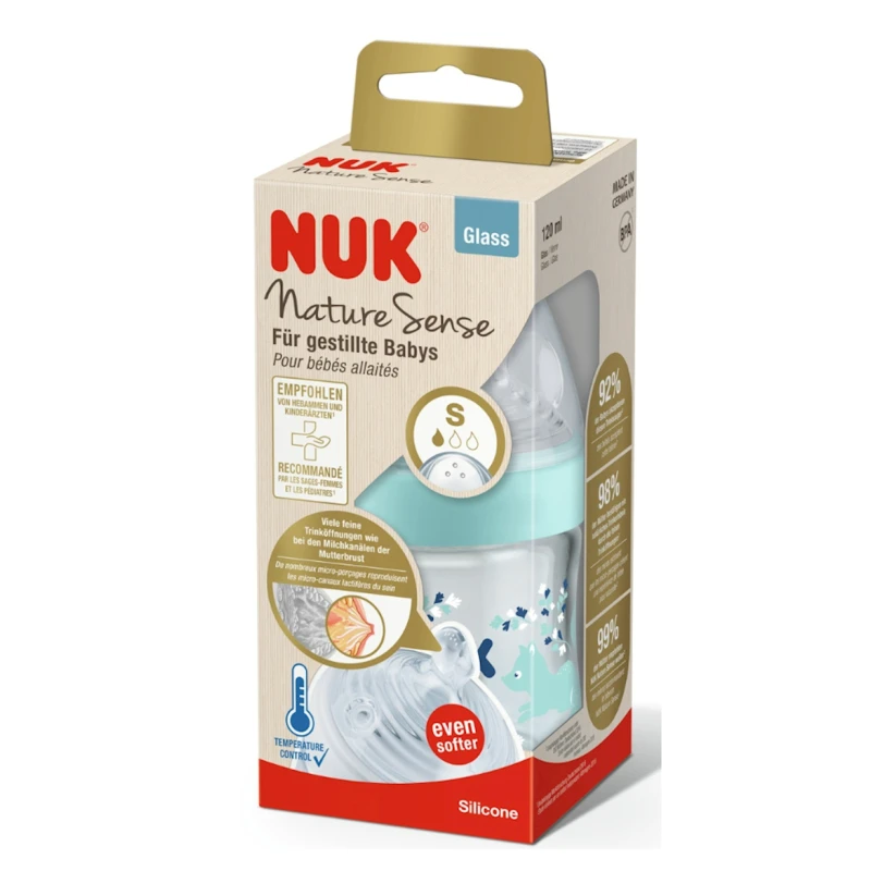 Qidalanma üçün qab Nuk Nature Sense, 120 ml, 0-6 ay, S ölçü, şüşə/silikon, məhsul çeşiddə Qidalanma üçün qab Nuk Nature Sense, 120 ml, 0-6 ay, S ölçü, şüşə/silikon, məhsul çeşiddə
