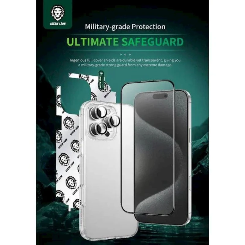 Набор Green Lion 4 In 1 Defender Pack iPhone 16 Pro Max, чехол, защитное стекло, защитная пленка для камеры и телефона