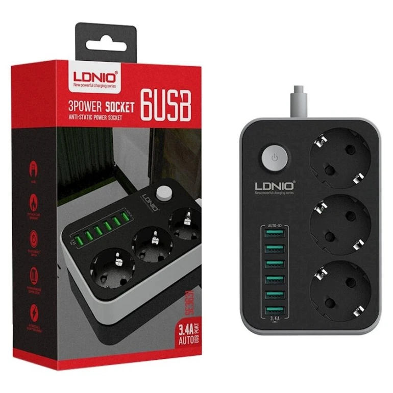 Сетевой фильтр LDNIO SE3631 1.6 м, 3-розеточный, Серый Сетевой фильтр LDNIO SE3631 1.6 м, 3-розеточный, Серый