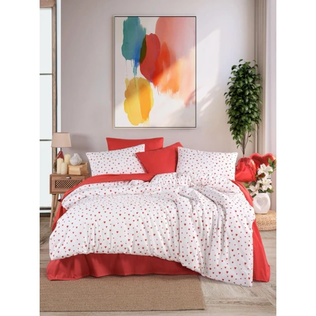 Комплект постельного белья MiraNova DMTZ-081, простыня 220х240 см, пододеяльник 200х220 см, наволочки 50х70 см, двуспальный, белый/красный Комплект постельного белья MiraNova DMTZ-081, простыня 220х240 см, пододеяльник 200х220 см, наволочки 50х70 см, двуспальный, белый/красный