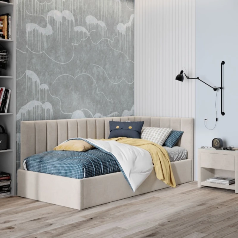 Односпальная кровать Art_tek_yataq 77, ламинат/текстиль, бежевая, 200x85x90 см