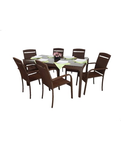 Bağ üçün mebel dəsti Zili Rattan Çin, 6 nəfərlik, qəhvəyi; masa ölçüsü: 90x160 sm, hündürlüyü 75 sm; stul ölçüsü: eni 54 sm, hündürlüyü 95 sm