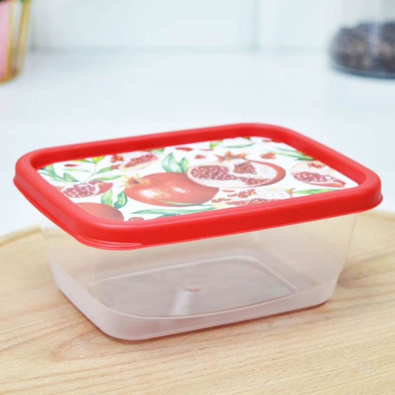 Konteyner Plast Team, 500 ml, qırmızı qapaq ilə, düzbucaq, şəffaf