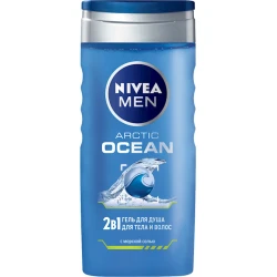 Duş üçün gel Nivea Men 2-si 1-də Arctic Ocean kişilər üçün, bədən və saç üçün dəniz duzu ilə 250 ml