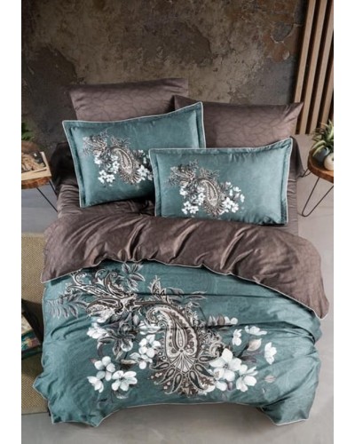 Yataq dəsti DO&GO vm146, ikinəfərlik premium, sətin (yorğan üzü 200x220 sm 1 əd+mələfə 240x260 sm 1 əd+yastıq üzü yastıq üzü naxışlı 50x70 sm 2 əd+yastıq üzü 70x70 sm 2 əd), göy/qəhvəyi