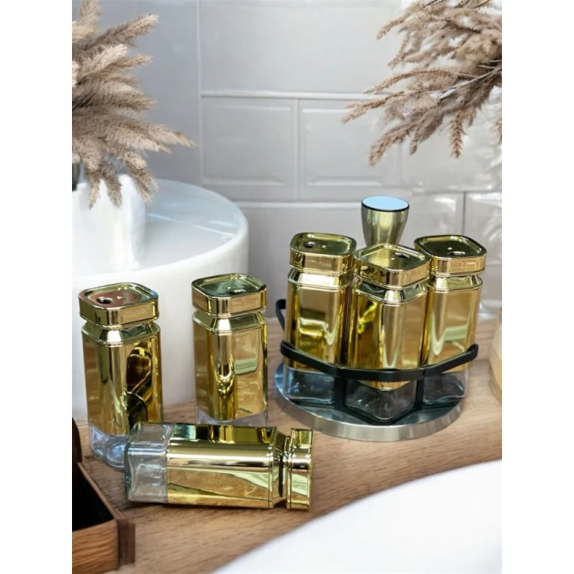 Ədviyyat üçün dəst Sahara SHA-00006608, şüşə/paslanmayan polad, qızılı, 6 əd