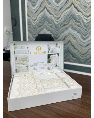 Yataq dəsti FIRST HOME, satin, pambıq, ikinəfərlik, yorğan üzü 200x220 sm, mələfə 250x250 sm, 2 əd yastıq üzü 50x70 sm, Orkide/İnci/Menekşe/Manolya/Pandora/Fleur Satin/güpürlü model - TP-TK-232