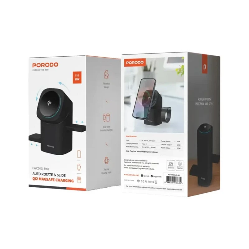 Беспроводное зарядное устройство Porodo Auto Rotate Slide Qi2 Magsafe Black Беспроводное зарядное устройство Porodo Auto Rotate Slide Qi2 Magsafe Black