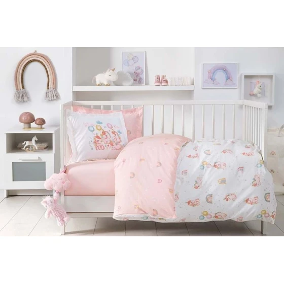 Комплект детского постельного белья Yataş Unicorn, пододеяльник 100х150 см, простыня 120x190 см, наволочка 35x45 см 1 шт, хлопок, розовый