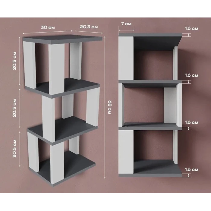 Полка настенная Art Mebel 18, ламинат, 68х30х20 см, серая/белая Полка настенная Art Mebel 18, ламинат, 68х30х20 см, серая/белая