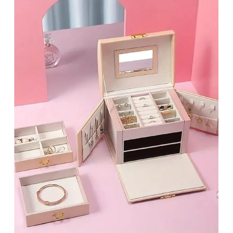 Органайзер с выдвижными ящиками для украшений 5946_0010, кожа, розовый 17x14x13.5 см