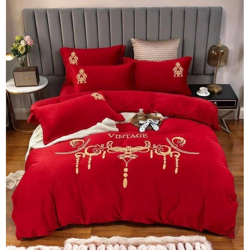 Комплект постельного белья Luxe Cotton 000424, пододеяльник 200х230 см, простыня 245х250 см, наволочки 50х70 см, евро, велюр, красный