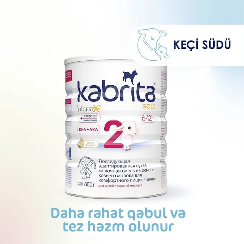 Quru südlü qatışıq Kabrita 2 Gold uyğunlaşdırılmış keçi südü əsasında, 6 aydan, 800 q (8716677007328).