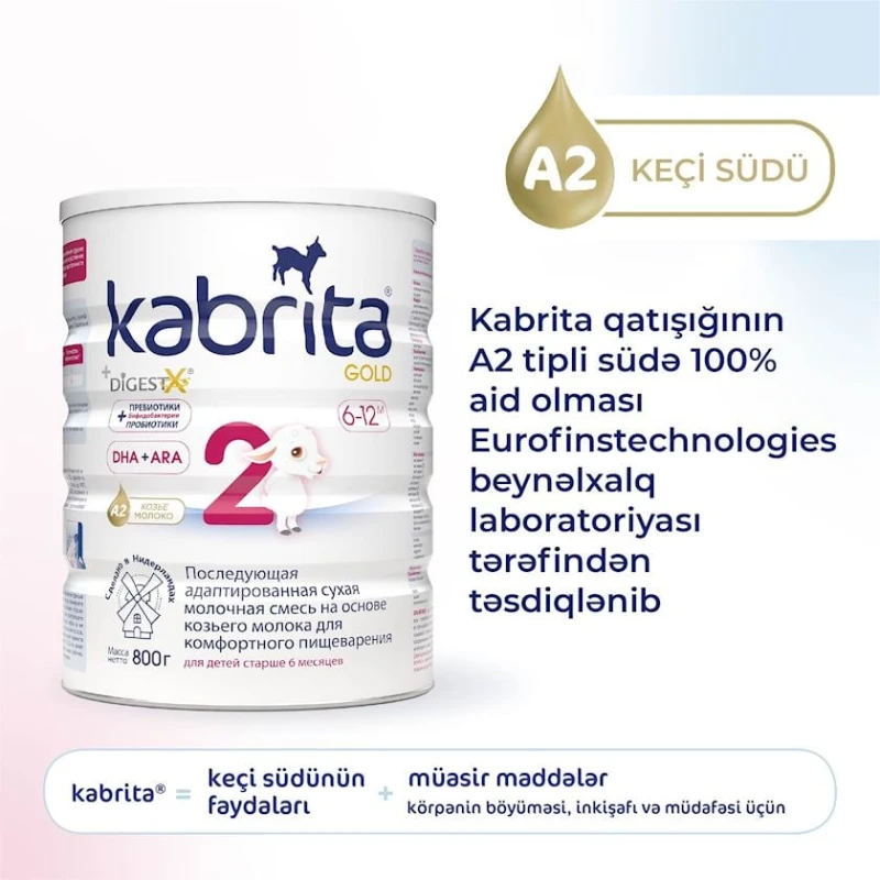 Quru südlü qatışıq Kabrita 2 Gold uyğunlaşdırılmış keçi südü əsasında, 6 aydan, 800 q (8716677007328).