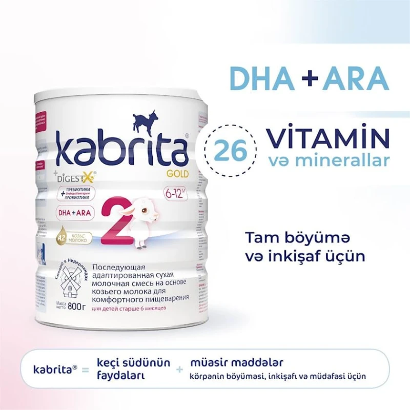 Quru südlü qatışıq Kabrita 2 Gold uyğunlaşdırılmış keçi südü əsasında, 6 aydan, 800 q (8716677007328).