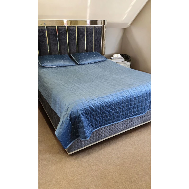 Набор с наволочками MiraNova 376, велюр/сатин, голубой, покрывало 220x240 см, наволочки 50x70 см 2 шт