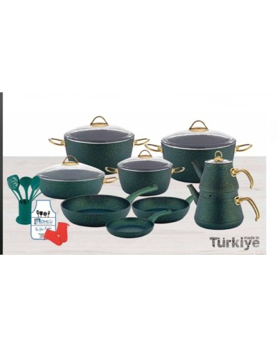 Qab-qacaq dəsti, yaşıl, 25 parça, 6 parça qaşıq dəsti, 2 əlcək, önlük, 20/24/28/30 sm