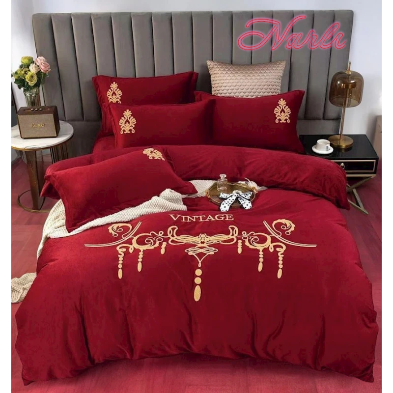 Комплект постельного белья Narlı 000431, пододеяльник 200x230 см, простыня 245x250 см, наволочка 50х70 см, евро, велюр, красный
