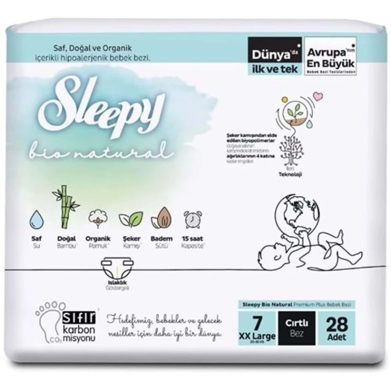 Uşaq bezləri Sleepy Bio Natural 7 XXL, 20-30 kq, 28 əd Uşaq bezləri Sleepy Bio Natural 7 XXL, 20-30 kq, 28 əd