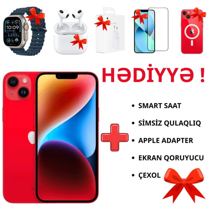 Смартфон Apple iPhone 14 128GB Красный MPVA3HN/A + Умные часы + Беспроводные наушники + Сетевое зарядное устройство + Защитное стекло В подарок