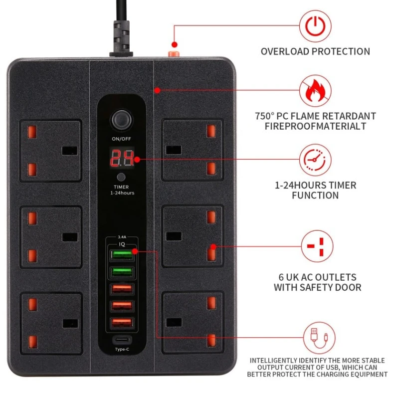 Şəbəkə filtri Charging-400 Black, 6 rozetkalı