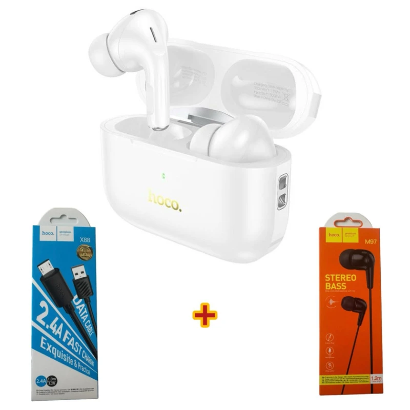 Беспроводные наушники hoco ew56 plus white + наушники + кабель для зарядки
