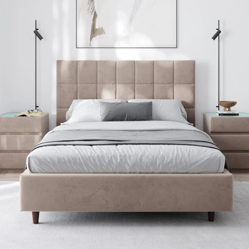 Двуспальная кровать Art_ikili_yataq 81, ламинат/текстиль, бежевая, 120x180х200 см